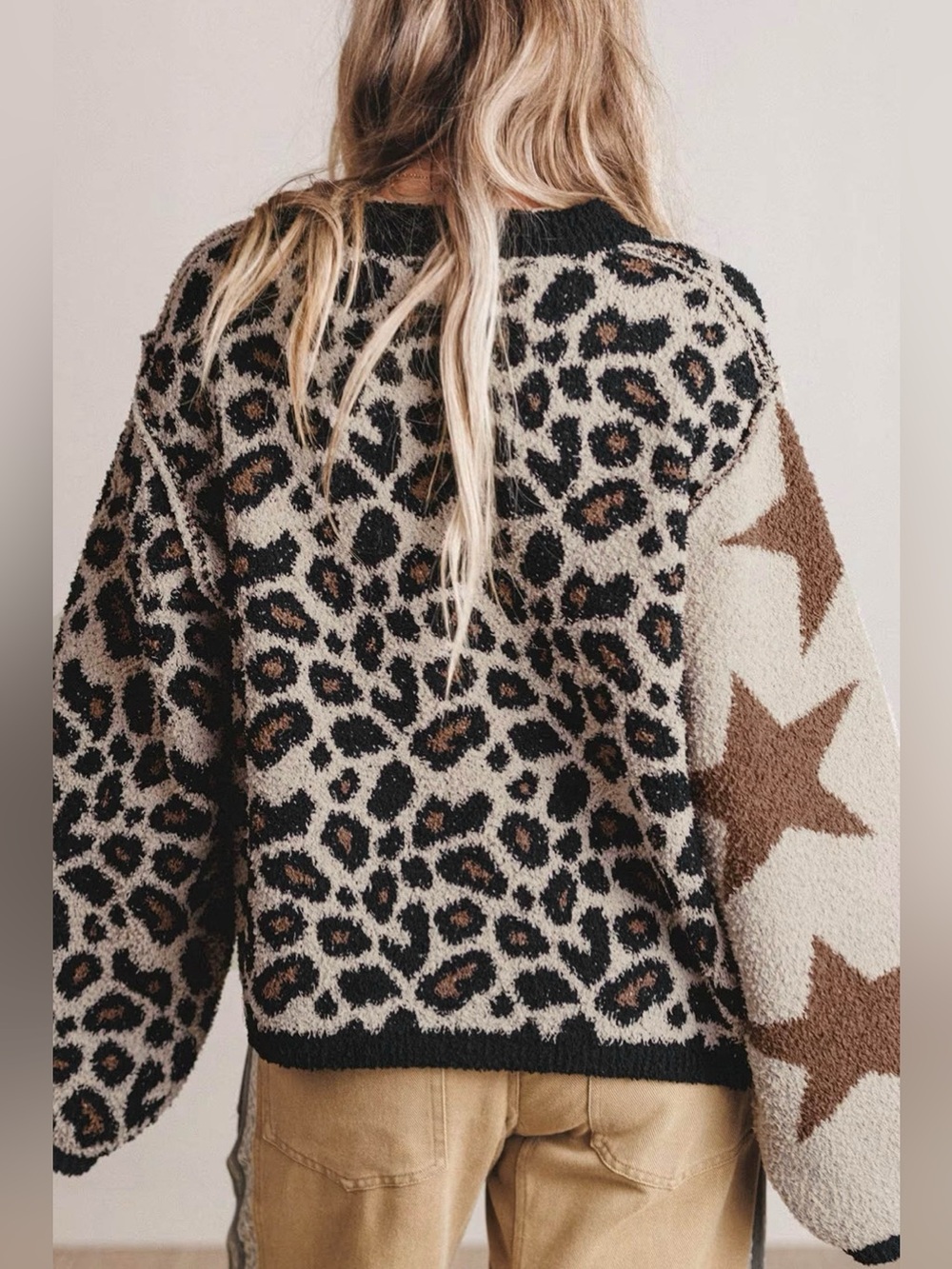 Leopard Star Pattern Round Neck Long Sleeve Shift Sweater - Picture 3 of 15